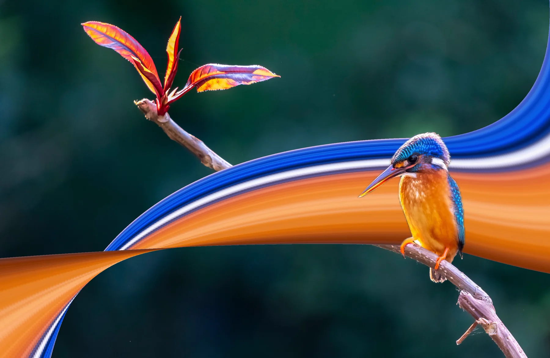 Kingfisher perched above an orange and blue pixel stretch ribbon