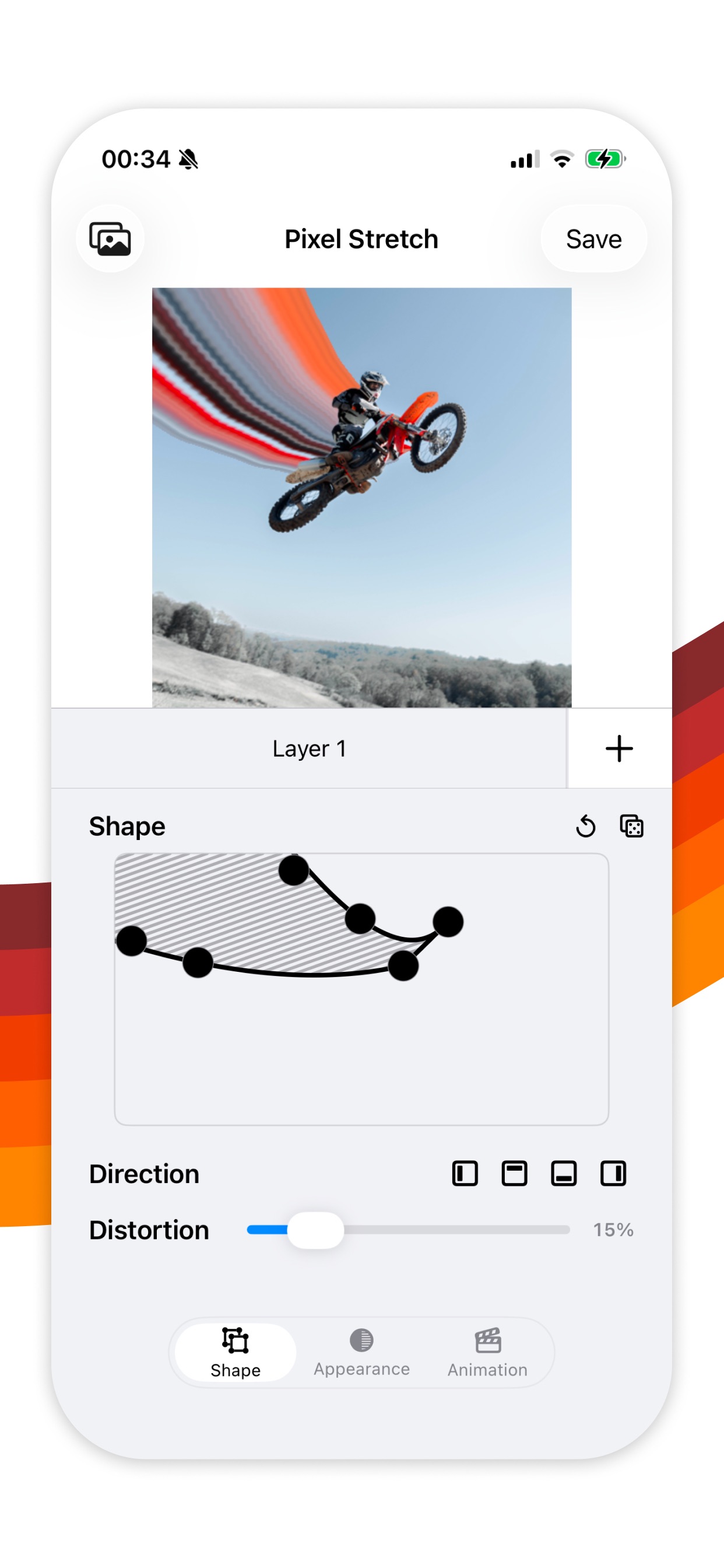 Pixel Stretch controls for shaping an effect on iPhone